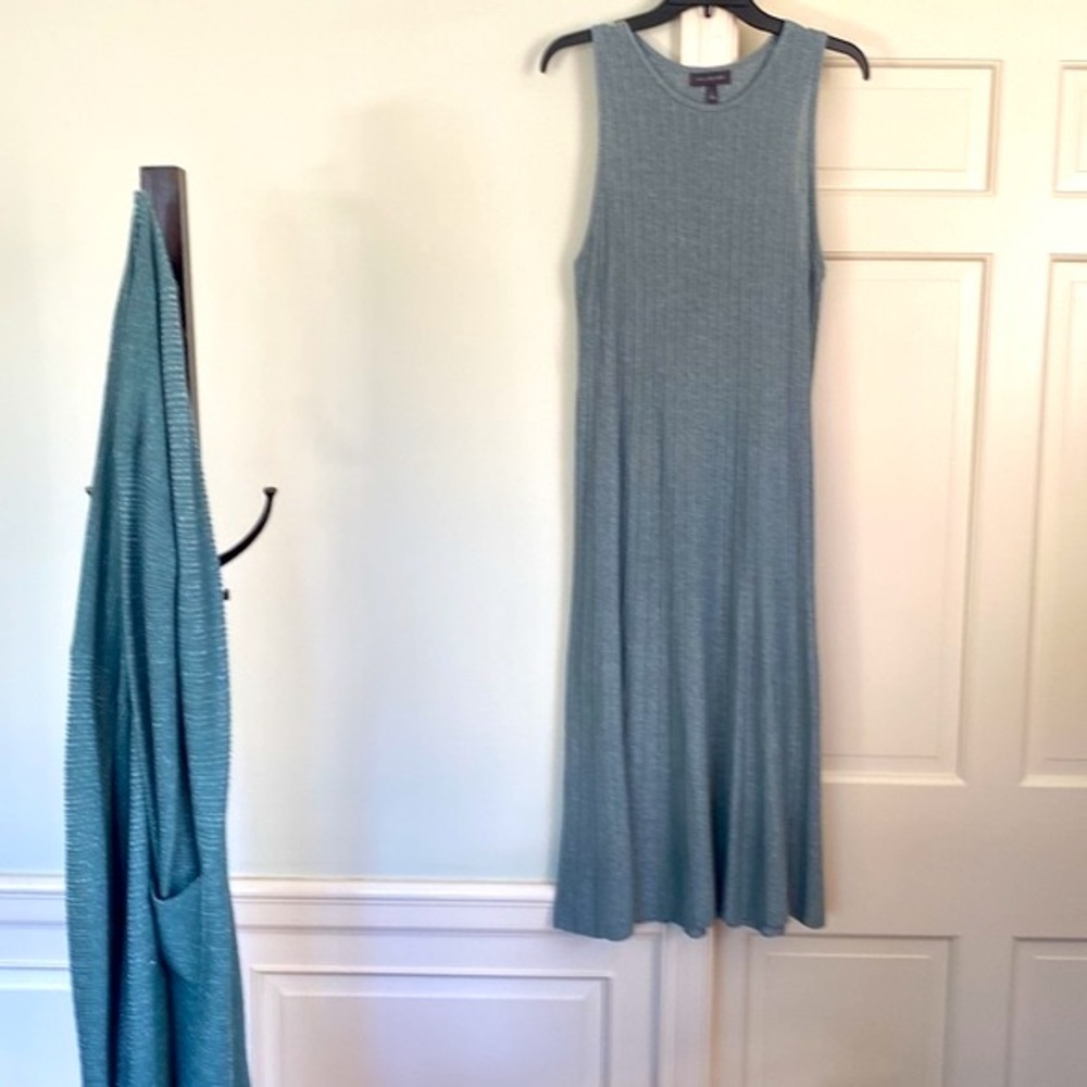 Metallic Green Gray Midi Dress Vertical Texture Knit Sleeveless